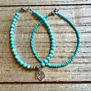 Set of 2 Turquoise Beaded & Sterling Silver Maple Leaf Charm Bracelets